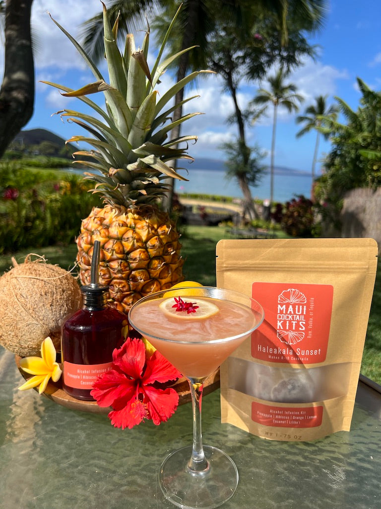 Tropical cocktail with pineapple, coconut, and hibiscus flowers on a table with a scenic background.