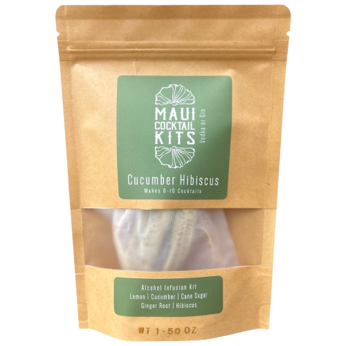 Packaging for a DIY cocktail kit labeled 'Cucumber Hibiscus' with a clear window showing the contents inside.