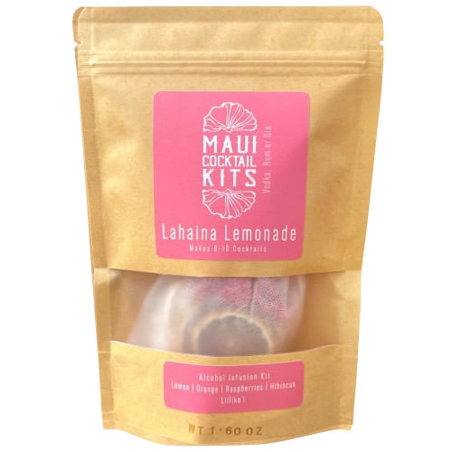 Packaged tropical cocktail kit labeled 'Lahaina Lemonade' by Maui Cocktail Kits, with a clear window showing the contents inside.
