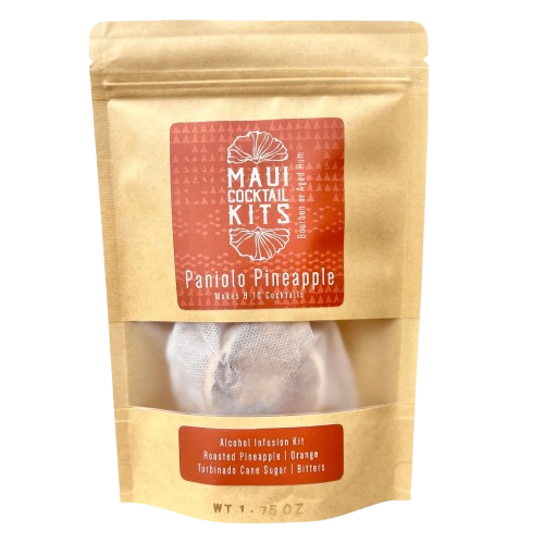 Packaging for Paniolo Pineapple tropical cocktail infusion kit by Maui Cocktail Kits, featuring a clear window showing the contents inside.