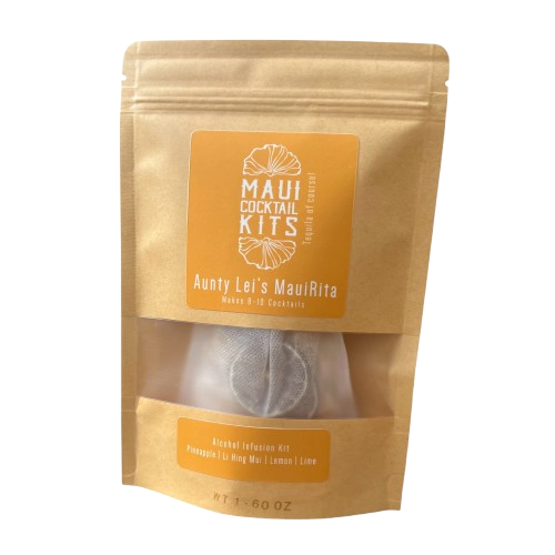 Packaging for Aunty Lei's Maui-Rita tropical cocktail infusion kit, featuring a clear window showing the contents inside, with branding and product information on a beige background.