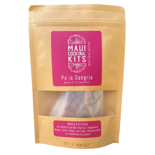 Packaging for Pa'ia Sangria DIY tropical Cocktail kit, featuring a clear window showing the contents inside, with pink and orange branding elements and text.
