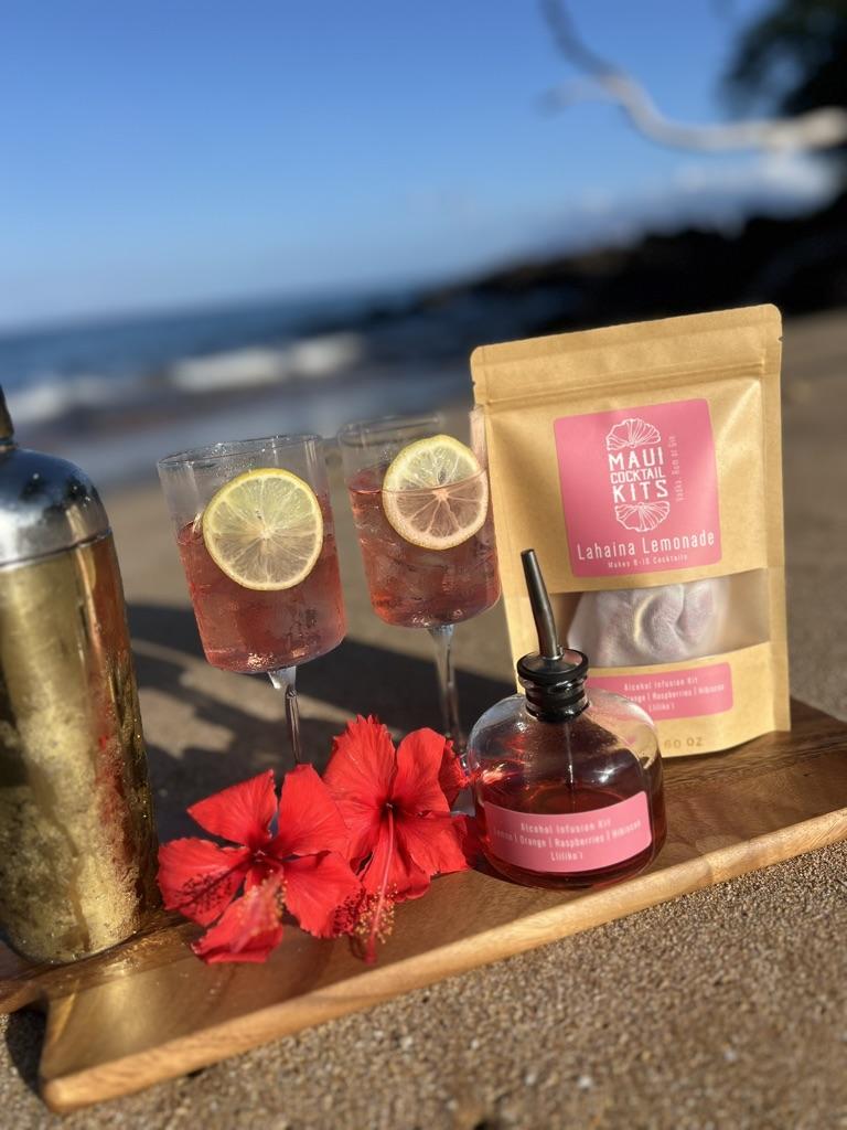 Two cocktails prepared with lahaina lemonade tropical cocktail bundle by Maui Cocktail Kits