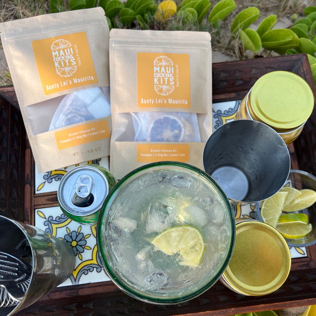 A tray with a diy tropical cocktail bundle for all natural cocktails by Maui Cocktail Kits
